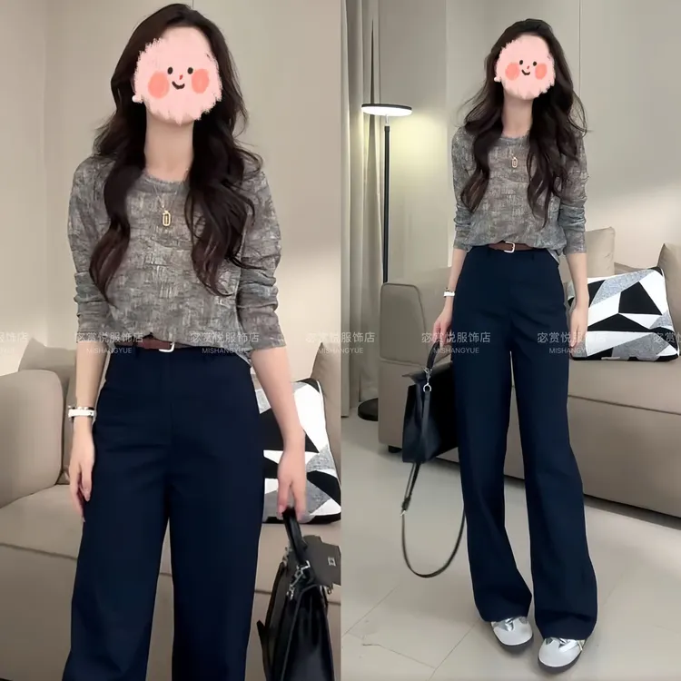 2025早秋新款韩版时尚休闲百搭女装网纱上衣+西装裤两件套显瘦潮