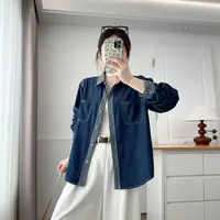 大码女装牛仔衬衫时尚拼接格子袖显瘦长袖牛仔上衣衬衫