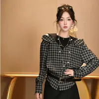 美人访【浮梅笑】2025秋季新款洋气露肩格子衬衫6795