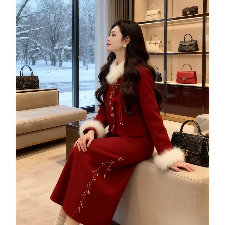 中式圣诞穿搭刺绣外套半身裙红色套装订婚主持礼服新年战袍两件套