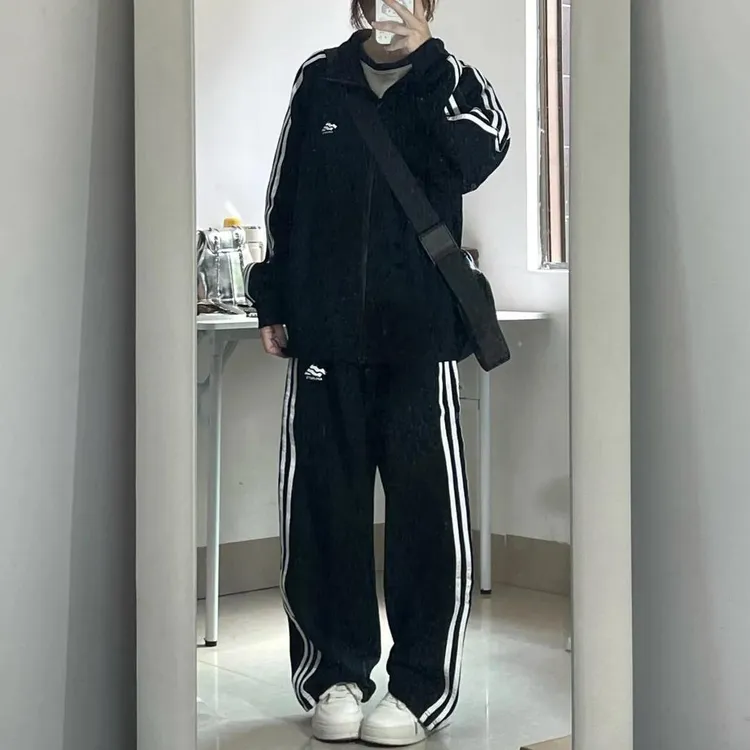 三条杠黑色运动服套装女春秋季学生韩版宽松显瘦休闲两件套跑步服