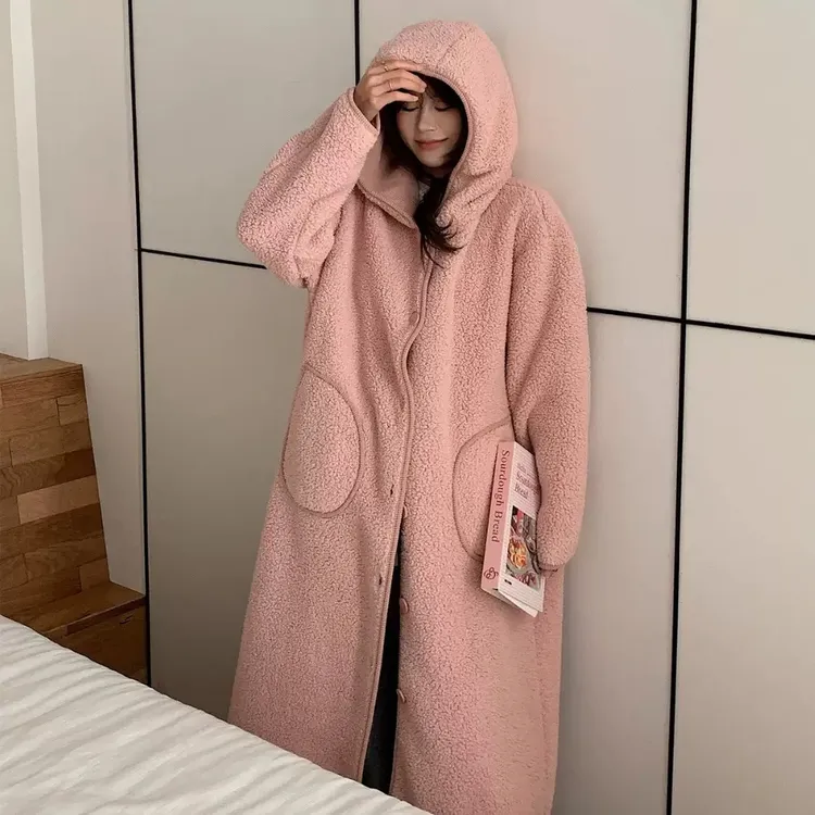 加长款睡袍加厚羊羔绒可外穿戴帽子浴袍行走的被窝秋冬保暖神器