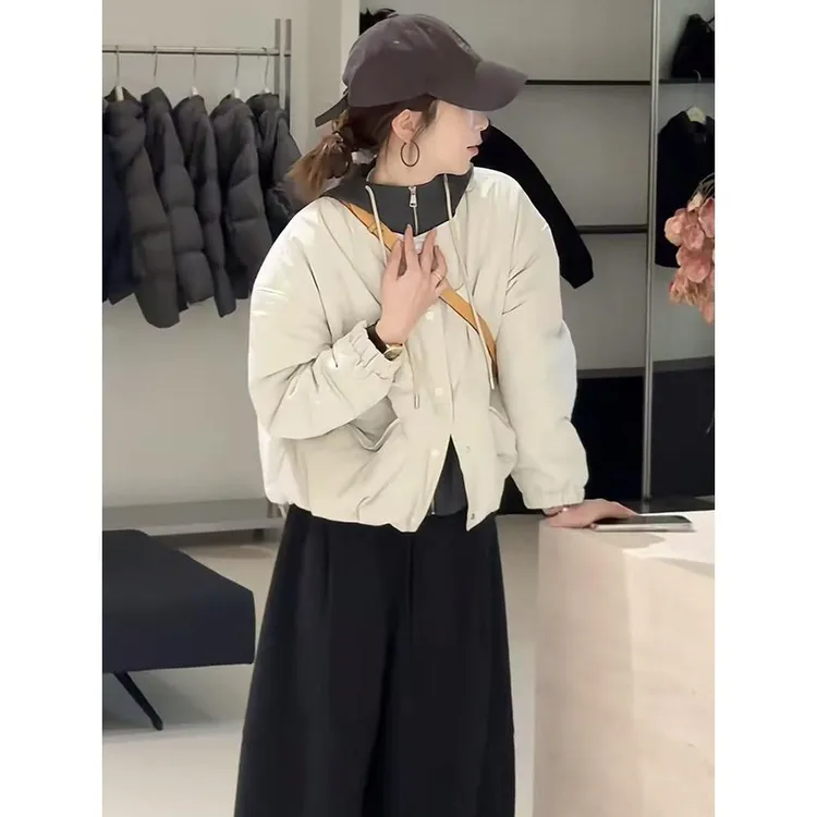 欧货圆领单排扣加厚棉服女秋冬新款宽松显瘦双口袋小个子外套