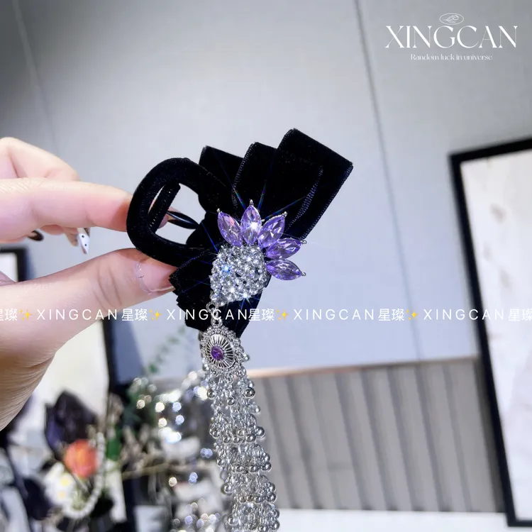 女丝绒蝴蝶结流苏抓夹蓝色简约风轻奢气质侧边发夹后脑勺盘发夹子