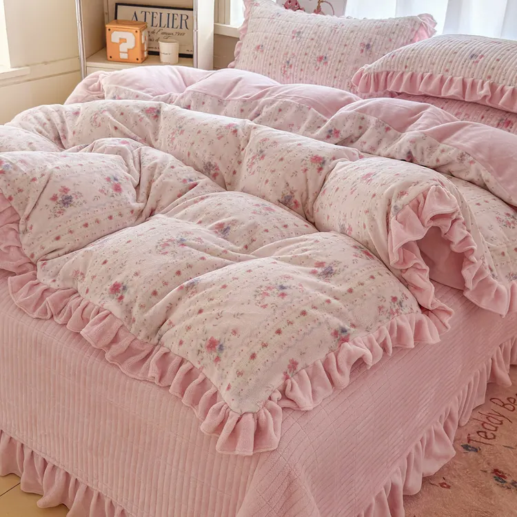 法式花边牛奶绒四件套床盖款冬季加厚法兰绒珊瑚绒毛被套夹棉床单