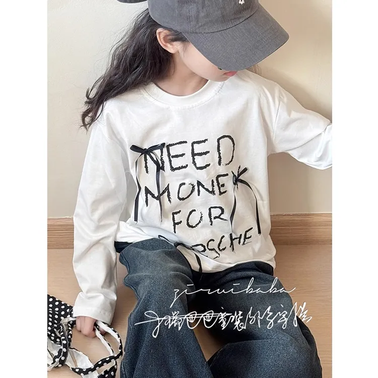韩版女童白色套装2025新款女孩秋季超好看长袖t恤儿童牛仔阔腿裤9