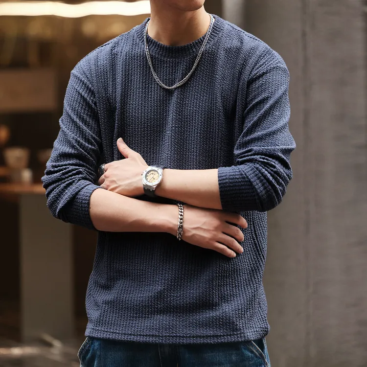 格蓝鹿高端美式抗皱圆领长袖毛衣男士纯色休闲秋冬新款打底衫线衣