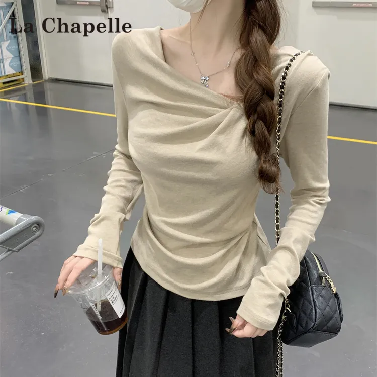 拉夏贝尔纯欲荡领长袖t恤女2025秋季新款百搭小个子修身内搭上衣