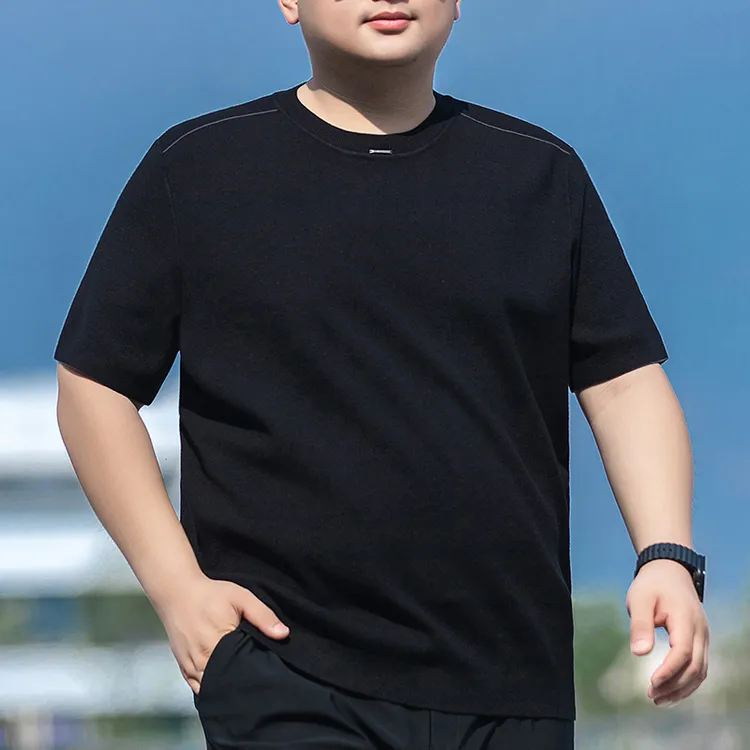 大码男装圆领毛衣男短袖春秋款加肥加大打底上衣男胖子宽松针织衫