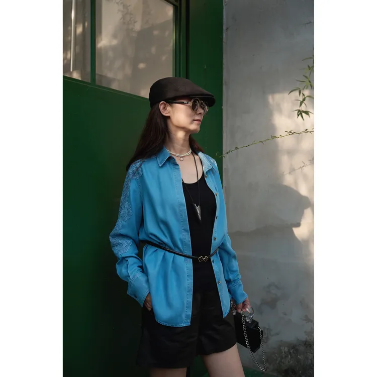 【红姐专属】高品质意大利风格同款 超舒适天丝牛仔蕾丝衬衫3C2099