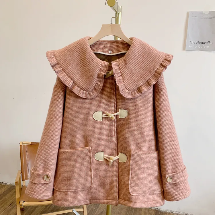 粉黛Y4047格纹牛角扣可脱卸夹棉内胆娃娃领毛呢外套