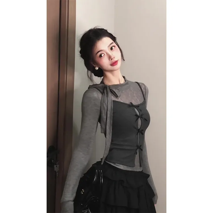 秋季甜美减龄蝴蝶结长袖上衣吊带背心半身裙蓬蓬蛋糕短裙三件套