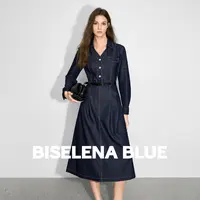 贝茜妮轻奢牛仔连衣裙长袖蓝色女2025新款秋季小个子气质收腰裙子