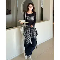 （女装）88529 时尚穿搭字母长袖T恤格子屁帘工装阔腿裤三件套装