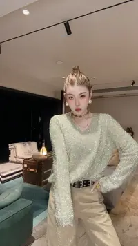 【HAV】  新款时髦高级V领亮闪闪两穿长袖套头针织上衣