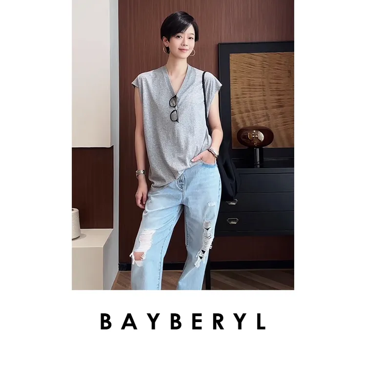 BAYBERYL老贝30度锐角*V领显瘦百搭休闲透气无袖T恤NT5E1905