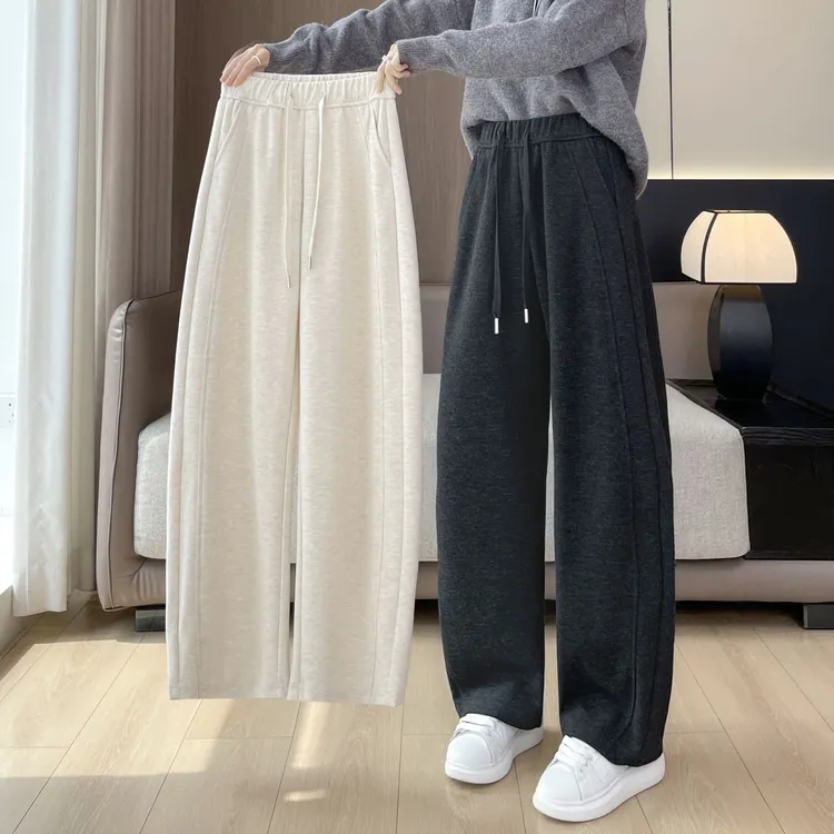 加绒阔腿裤女秋冬小个子窄版直筒糯米裤子加厚慵懒休闲弯刀香蕉裤