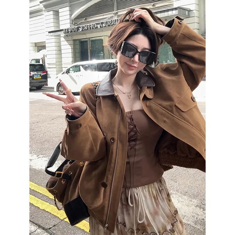 美式复古设计感做旧翻领夹克女2025秋季新款撞色拼接收腰显瘦外套