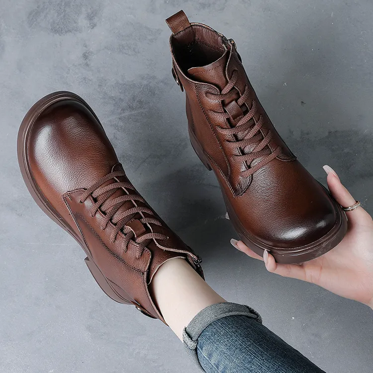 全牛皮秋冬季新款复古英伦风粗跟马丁靴真皮短靴子女加绒妈妈皮靴