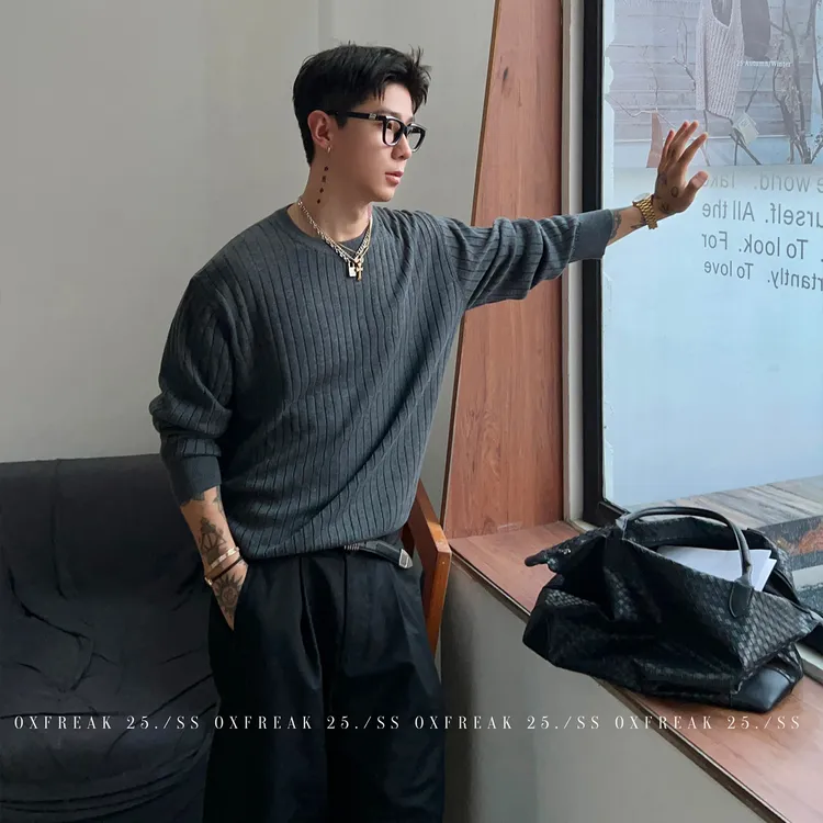 OXFREAK「老钱风 软糯坑条」肌理感纯色长袖t恤男圆领内搭打底衫