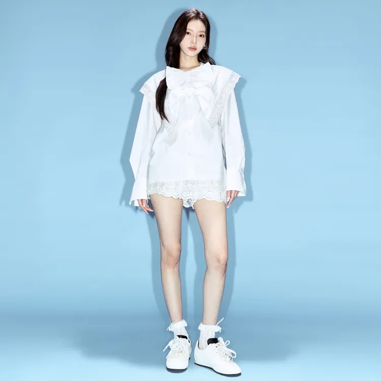 lefame拉飞姆2025秋季新款时尚气质蕾丝百搭蝴蝶结钉珠花边上衣