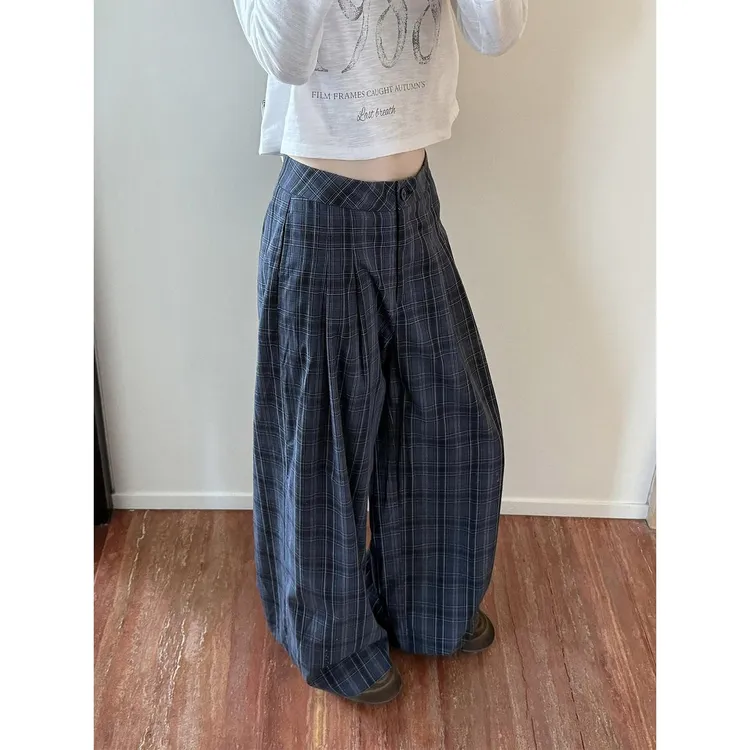 人鱼_韩系慵懒风蓝格子休闲裤女早秋新款高腰宽松百搭显瘦阔腿裤