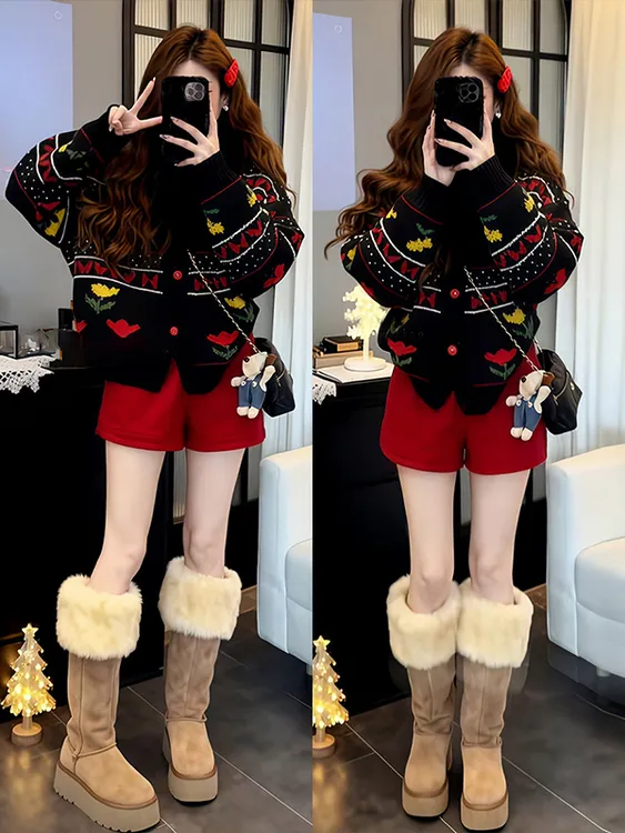 大码胖mm韩版休闲风提花撞色开衫毛衣加高腰阔腿短裤气质两件套装