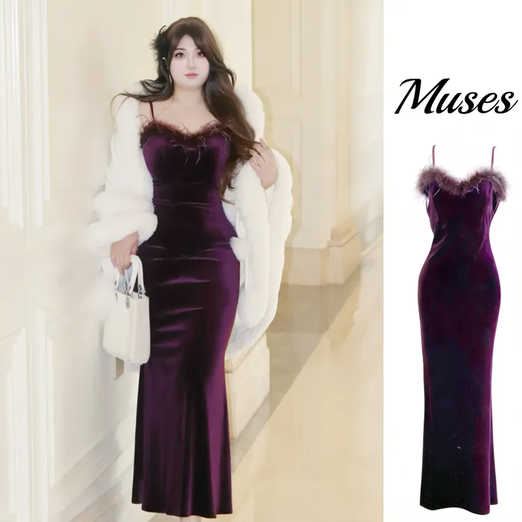 【人间妲己2.0】法式紫色丝绒连衣裙名媛性感吊带鱼尾礼服小香套装