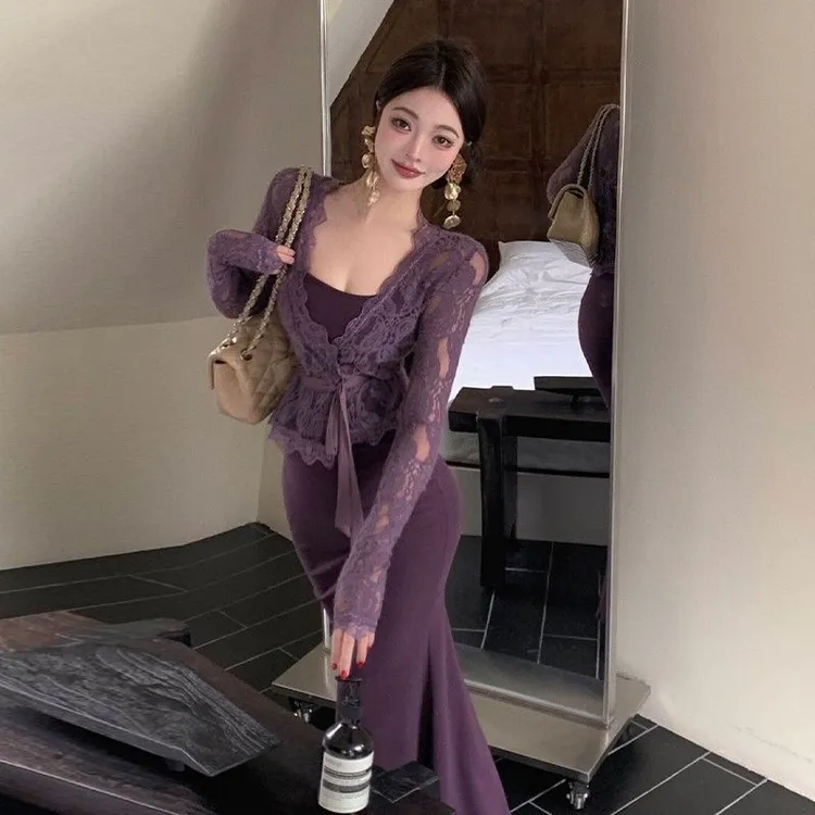 紫色蕾丝开衫修身包臀鱼尾吊带连衣裙两件套装御姐风情万种的裙子