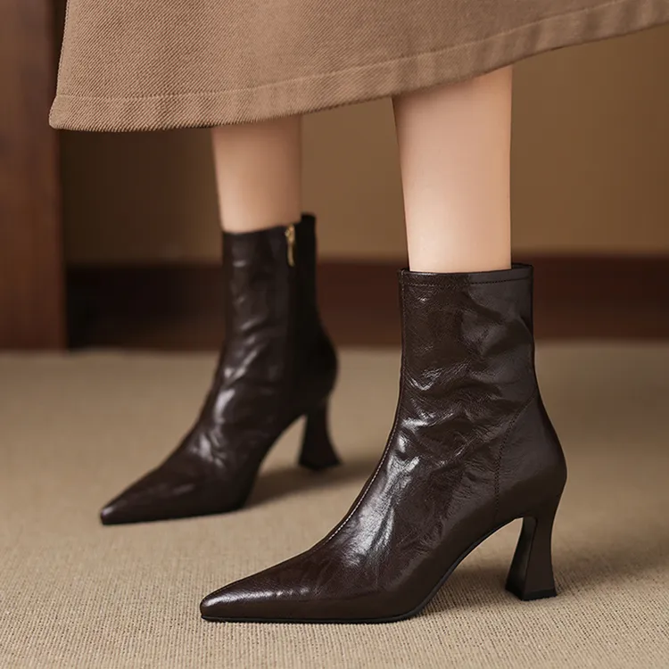 羊皮6.5cm法式复古棕色高跟瘦瘦靴女秋冬尖头黑色显瘦粗跟时装靴