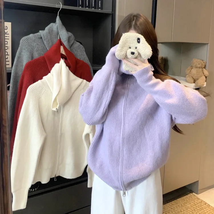 1147大码胖mm慵懒风毛衣外套女2025秋冬新款加厚翻领针织开衫上衣
