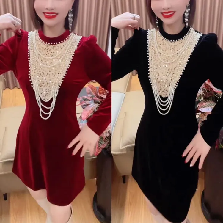鱼尾裙拉链秋冬中腰长袖连衣裙显瘦春季旗袍轻奢女装