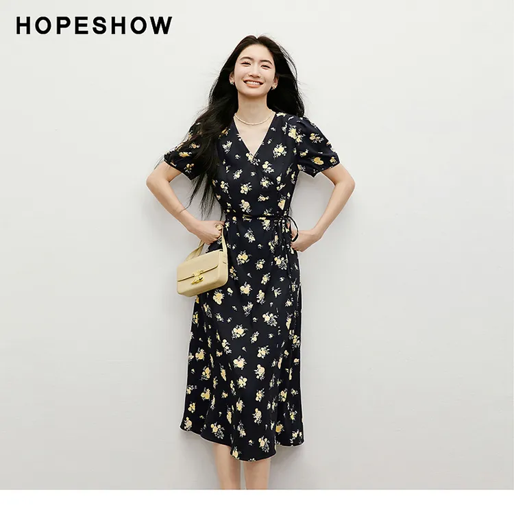 红袖2025夏季女装【邂逅】泡泡袖收腰V领套头茶歇裙90125111604