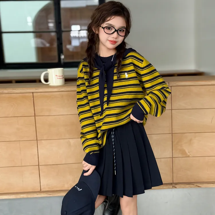 女童披肩条纹毛衣春秋新款女孩针织套装百褶裙两件套童装衣服秋装