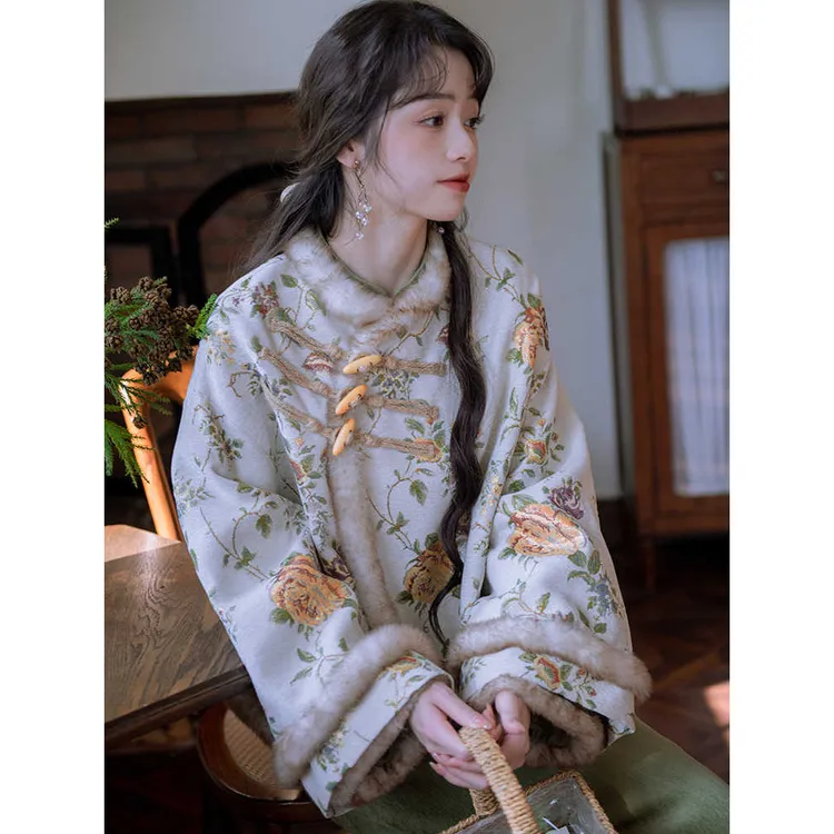 【松莺】复古绣花改良旗袍连衣裙新中式提花加绒外套少女秋冬套装