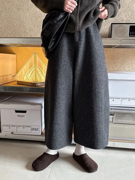 小香风格子女秋冬新款阔腿九分裤高腰宽松哈伦裤显瘦休闲奶奶裤