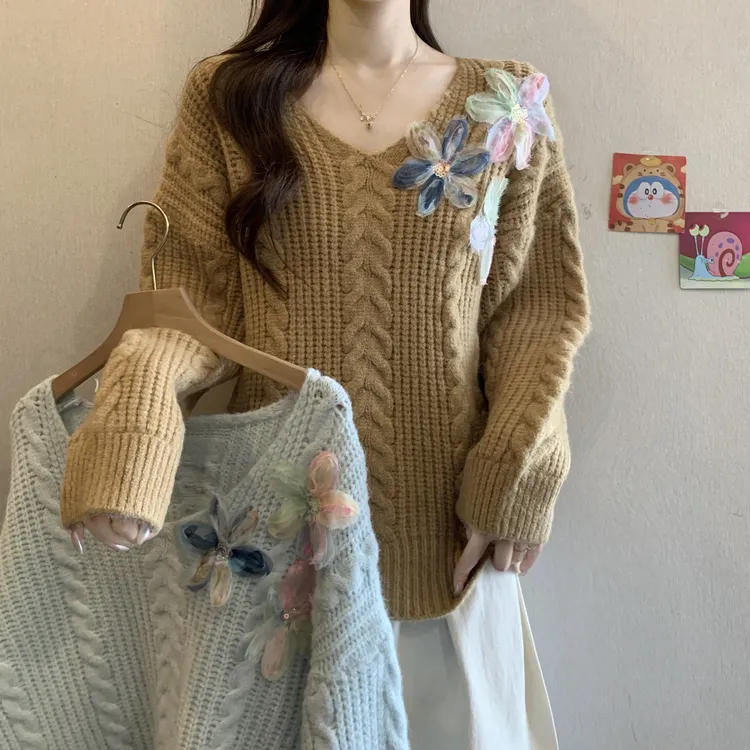 设计感立体彩色花朵V领麻花毛衣女秋冬宽松显瘦巨好看针织衫6610