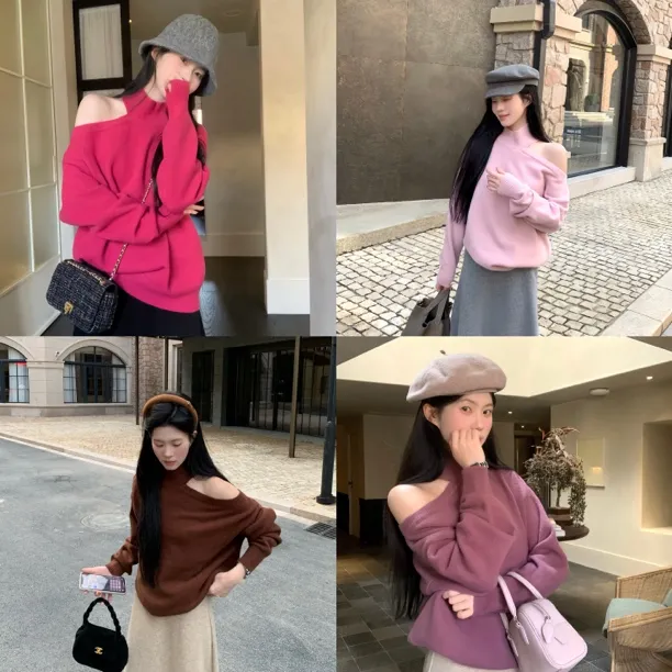 (9993)冬!新品实拍高品质设计感慵懒风气质露肩宽松半高领毛衣