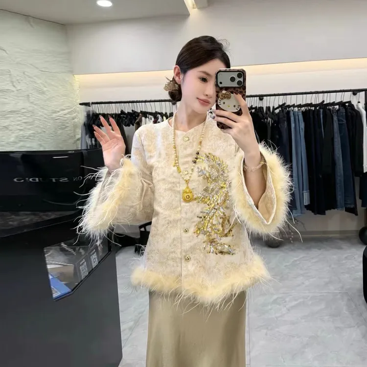 新中式国风高级感轻奢鸵鸟毛棉衣外套女2025新款洋气百搭棉袄棉服