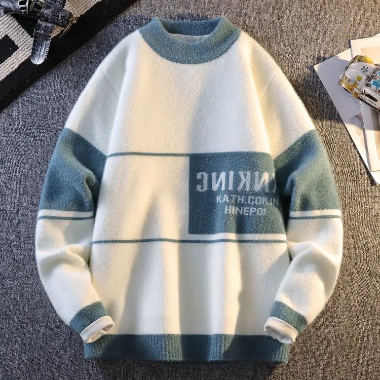 祥校仿水貂绒毛衣男秋冬青少年大童加绒加厚保暖中学生打底针织衫