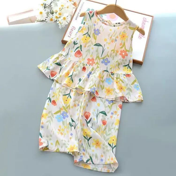 棉绸女童夏季套装夏季新款甜美花朵无袖两件套薄款女宝洋气印花