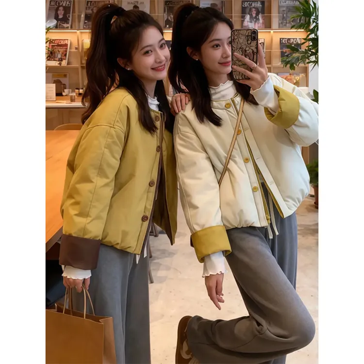 撞色高级感轻薄夹棉短外套女装2025秋冬韩系新款时尚洋气棉服上衣