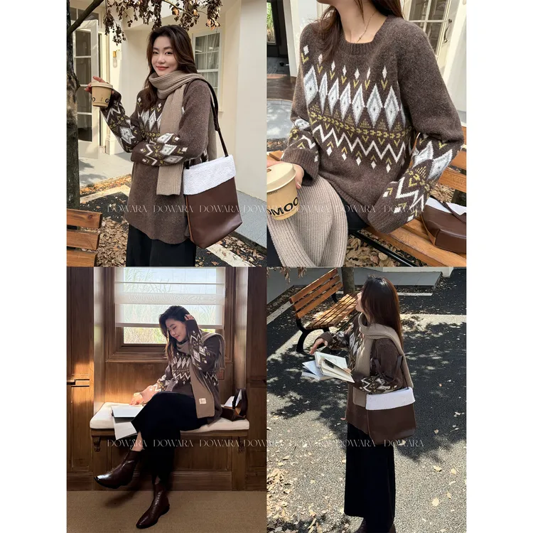 现货大婉酱微胖定制【费尔岛毛衣】慵懒感加厚毛织百搭上衣女 0382D