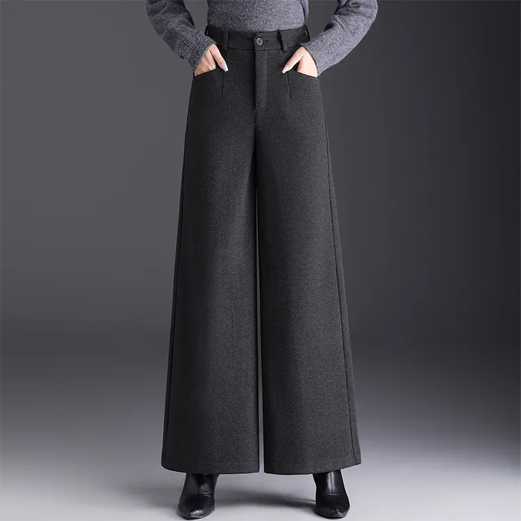 加厚毛呢高腰宽松阔腿裤女秋冬通勤百搭小个子垂感休闲西装直筒裤