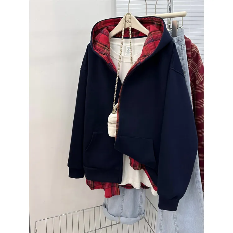 美式假两件格子拼接连帽开衫卫衣女秋季2025新款潮牌大码百搭外套