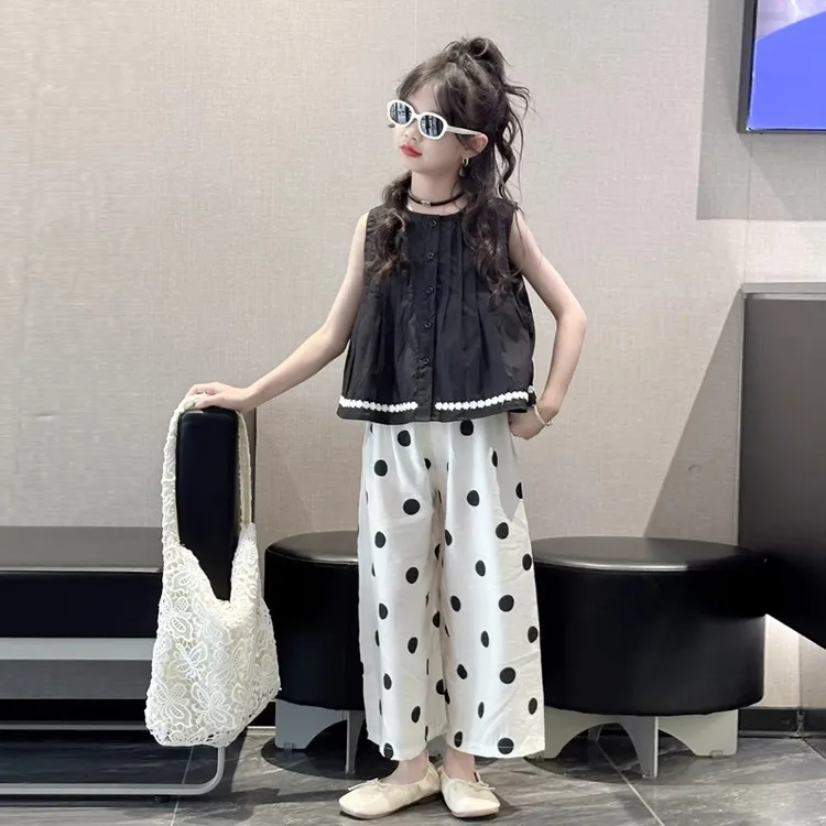 女童夏装甜美娃娃衫休闲裤套装2025新款女大童韩版薄款无袖阔腿裤