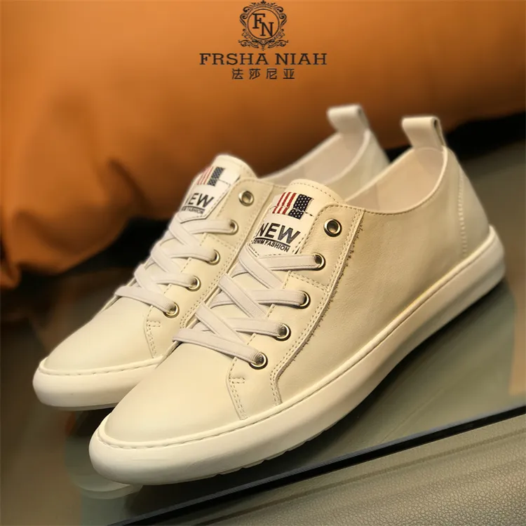 法莎尼亚男鞋白色透气真皮小白鞋男潮流板鞋一脚蹬乐福鞋休闲鞋