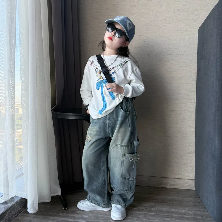 女童秋季潮酷休闲风工装牛仔裤老爹裤中大童韩版洋气百搭长袖T恤