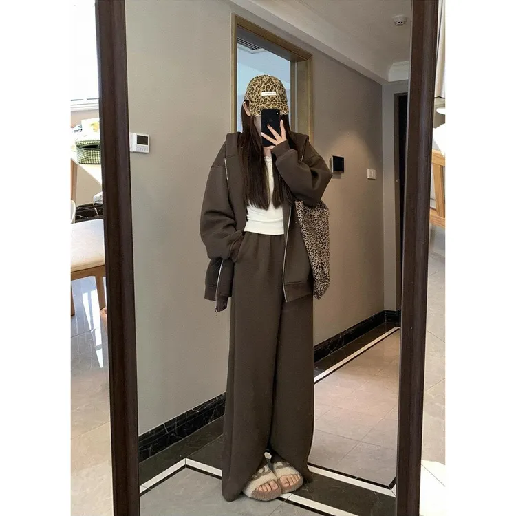 韩系慵懒风休闲运动套装女秋冬季时尚宽松连帽卫衣百搭长裤两件套