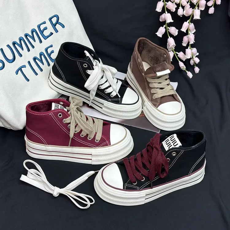 【Xin】“加绒”2025高帮厚底学院系带帆布鞋女韩版圆头潮流小白鞋